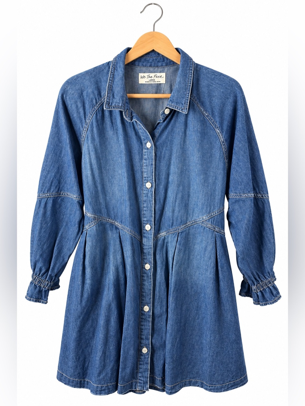 We The Free Blue Denim Button Front Dress Large Long Sleeve Fit Flare Boho
